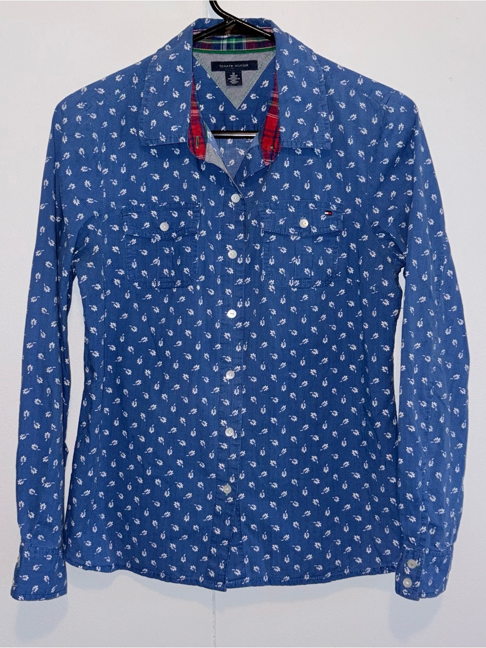 Tommy Hilfiger Blue Floral Button Front Shirt Long Sleeve Cotton Womens Medium